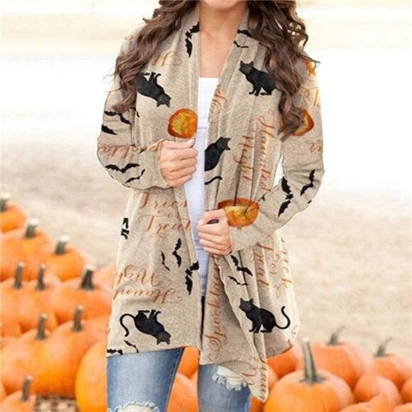 Women's Halloween Cat & Pumpkin Cardigan – Long Sleeve, Open Front Knit Sweater - Picture 2 of 5